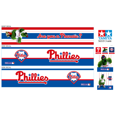 Tamiya 56319 56302 Phillies Philadelphia Phillies American Professional Baseball Team Trailer Reefer Semi Box Huge Side Decals Stickers Kit The Tamiya 56319 56302 Phillies Philadelphia Phillies American Professional Baseball Team Trailer Reefer Semi Box is a model kit that allows enthusiasts to recreate the iconic design of the Philadelphia Phillies baseball team on a trailer reefer semi box. This kit features large side decals and stickers showcasing the team's branding, making it a must-have for baseball fans and model enthusiasts alike. With meticulous attention to detail and high-quality materials, this kit offers a unique opportunity to display team pride in a creative and visually striking way