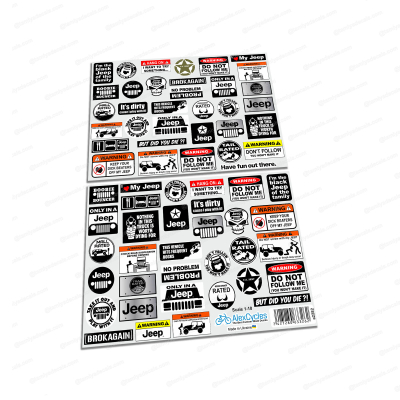 67 Stickers 1/10 Jeep Scale RC Decals - Axial Traxxas Redcat Crawler TRX-4 SCX10 Revitalize your 1/10 scale Jeep RC with our 67 Stickers! This comprehensive set of high-quality decals is designed for compatibility with popular brands like Axial, Traxxas, Redcat, Crawler, TRX-4, and SCX10. Transform your RC experience with a unique blend of vibrant and detailed stickers tailored for your Jeep model. From off-road adventures to on-track performance, these decals add a personalized touch to your vehicle, ensuring it stands out with style. Elevate your RC game and showcase your individuality with this exclusive set of 67 Jeep Scale RC Decals